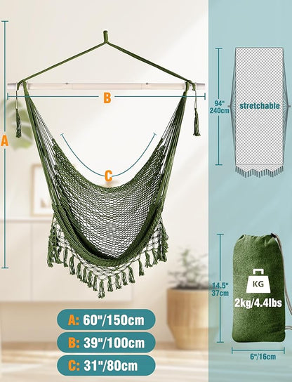 Chihee Hammock Chair Super Large Hanging Chairs Soft-Spun Cotton Rope Woven Chair, Collapsible Strong Metal Spreader Bar Wide Seat Lace Stretch Swing Chairs Indoor Outdoor Garden Yard Theme Decoration