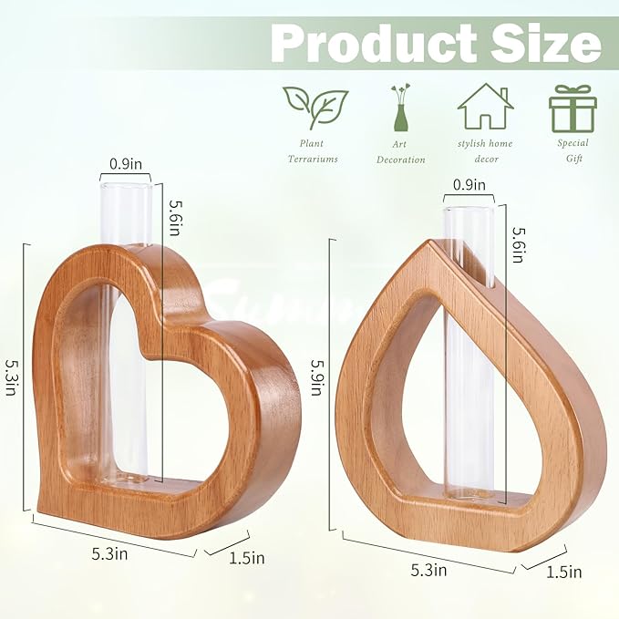 Terrarium Set of 2 with Heart-Shaped Wood Stand and Glass Tube