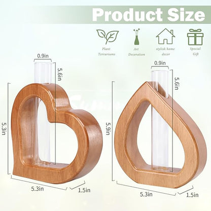 Terrarium Set of 2 with Heart-Shaped Wood Stand and Glass Tube