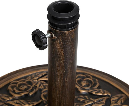 Backyard Expressions 20 lb Patio Umbrella Base Stand, Decorative Rose Medallion Antique Bronze Finish, Fits 1.5–1.9 in Poles w/Adapters, 18 in Round Weighted Outdoor Umbrella Holder for Deck & Table