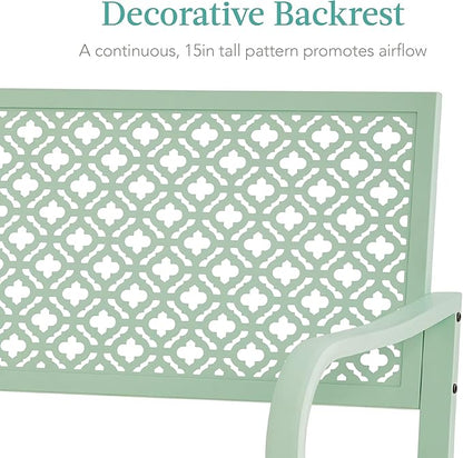 Best Choice Products Outdoor Bench 2-Person Metal Steel Benches Furniture for Garden, Patio, Porch, Entryway w/Geometric Backrest, 790lb Capacity - Mint Green