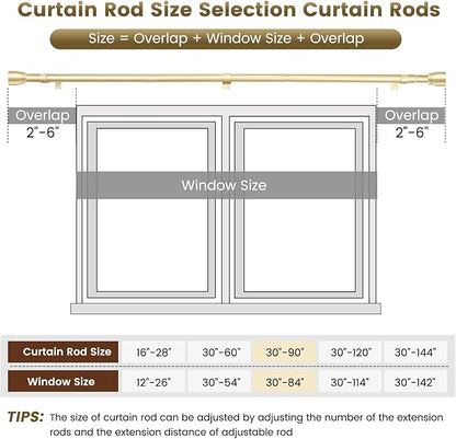 1” Diameter Gold Curtain Rods Itself is 30 to 90 inch, 1 Pack Fit 30-84 inch Windows with Heavy Duty Adjustable Rod 1 Inch Diameter Splicing Metal Extra Long Curtain Rod