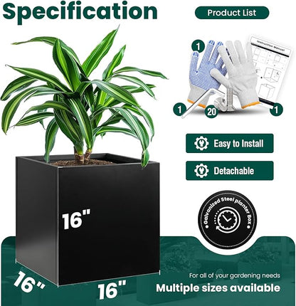 Galvanized Steel Planter Box Black Metal Planter 16Inch Square Indoor Outdoor Planters Cube Steel Heavy Duty Powder Coating Modern Commercial Residential for Patio, Yard, Garden