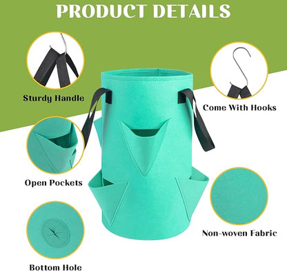 5 Pack Upside Down Strawberry Hanging Planter, 3 Gallon Tomato Hanging Grow Bags with 5 Hooks, Hanging Tomato Strawberry Grow Planters Vegetable Planting Bags with 6 Planting Holes for House Garden