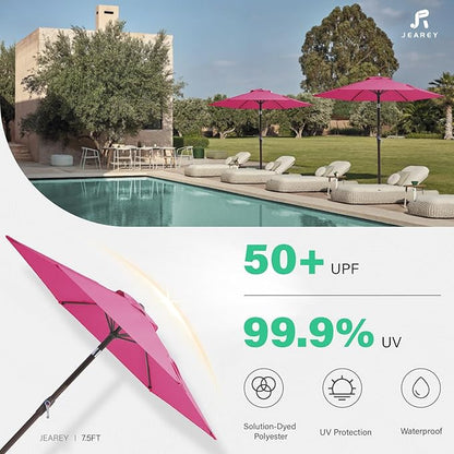 JEAREY 7.5FT Patio Umbrella Market Table Umbrella with 6 Sturdy Ribs, Push Button Tilt/Crank Outdoor Umbrella for Garden, Deck, Backyard, Pool and Beach,Rose Pink