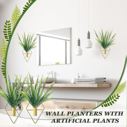 2 Pieces Gold Wall Decor Hanging Planters with Artificial Plants Metal Vase Indoor Plants Holder Modern Geometric Wall Art for Home Bathroom Bedroom Living Room Office(Boston Fern,Large)