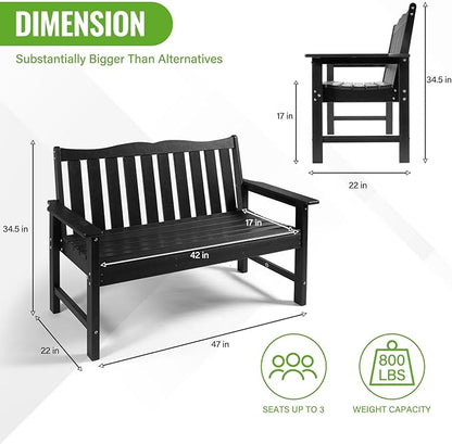 Backyard Expressions Poly Patio Bench (800 Lb Capacity) – Weatherproof Outdoor Bench, Low Maintenance, Heavy-Duty Recycled Material – Ideal for Porch, Patio & Park (Black Woodgrain Look)