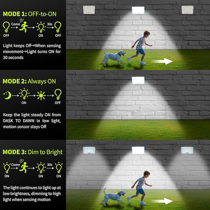 184 LED Solar Lights Outdoor, Waterproof Solar Motion Sensor Flood Lights Outside with 3 Modes Adjustable, Auto On/Off, 20Ft Cable for Porch, Patio, Garden, Garage,Yard, 4 Packs