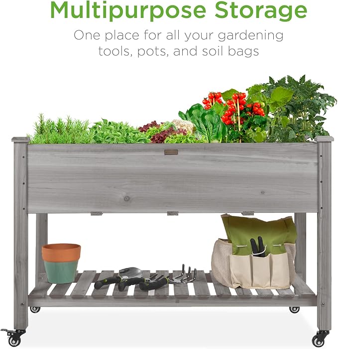 Best Choice Products Raised Garden Bed 48x24x32-inch Mobile Elevated Wood Planter w/Lockable Wheels, Storage Shelf, Protective Liner - Gray