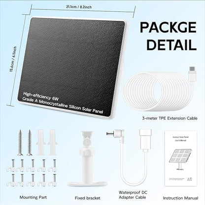 Solar Panel for Ring Camera, 6W Solar Charger Compatible with Rings Spotlight Cam/Plus/Pro/Rings Stick Up Cam Batterys, 10ft Long Cable with USB-C to Ring Barrel Plug Adapter