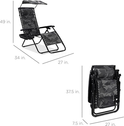 Best Choice Products Folding Zero Gravity Outdoor Recliner Patio Lounge Chair w/Adjustable Canopy Shade, Headrest, Side Accessory Tray, Textilene Mesh - Camouflage