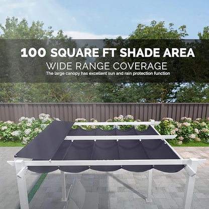 PURPLE LEAF 10' x 10' Outdoor Aluminum Pergola White Heavy-Duty Retractable Pergolas Patio Metal Pergola with Double Sun Shade Canopy and Light for Backyard Gardens Deck, Navy Blue