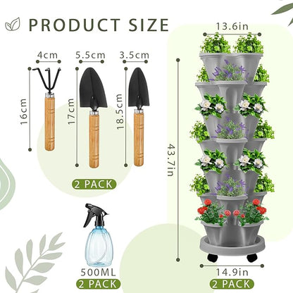Umigy 2 Set of 7 Tier Vertical Planter Stackable Tower Planters Strawberry Herb Flower and Vegetable Pots Indoor Outdoor Gardening Pots with Removable Wheels and Tools(Light Gray)