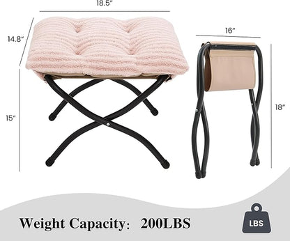 15"(H) Folding Ottoman, Foldable Footrest Stool, Portable Small Foot Stool for Couch, Collapsible Foot Rest Ottoman for Sofa, Accent Padded Ottomans for Living Room, Bedroom, Stripe Pink