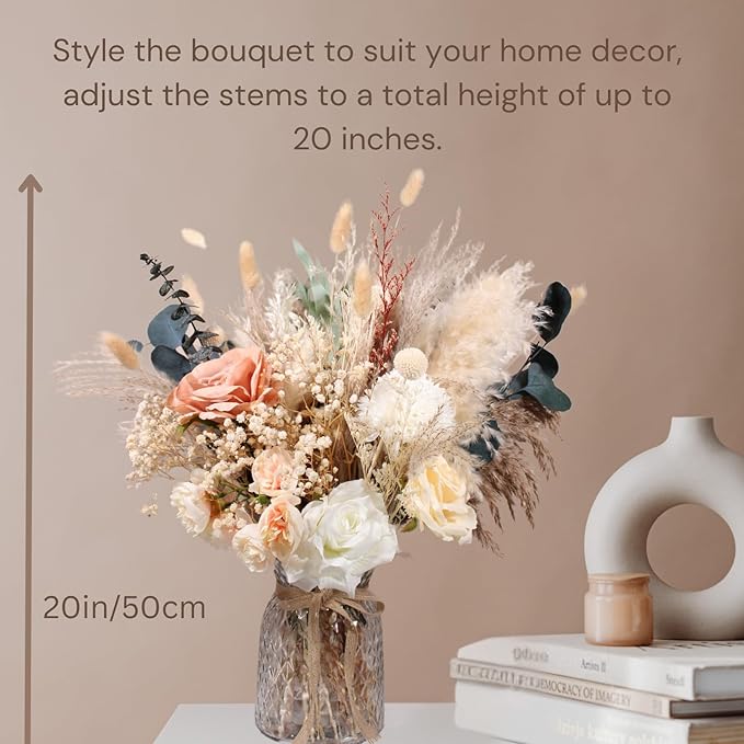 Artificial Flowers with Dried Pampas and Vase, 100 Pieces, Neutral