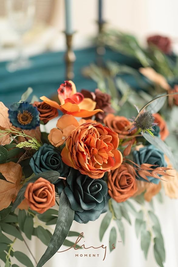 Artificial Flower Garland 6 Ft Eucalyptus and Rose, Dark Teal & Burnt Orange