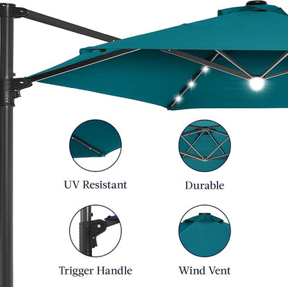 Best Choice Products 10ft Solar LED Offset Cantilever Hanging Market Patio Umbrella, Smooth 360° Rotation, 8 Sturdy Ribs, Easy Adjustment - Cerulean