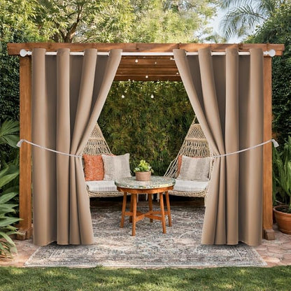 Waterproof Outdoor Curtain W52 x L63 - Grommet Top Sunlight Blocking Window Treatment Drapes Blackout Curtains for Home Bedroom Living Room Outdoor Patio Porch Pergola (Camel Brown, 2 Panels)