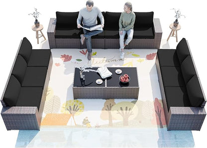 ALAULM 12 Pieces Patio Furniture Set Outdoor Sectional Sofa Brown PE Rattan Patio Conversation Set w/10 Seat Cushions and 2 Coffee Tables-Elegant Black