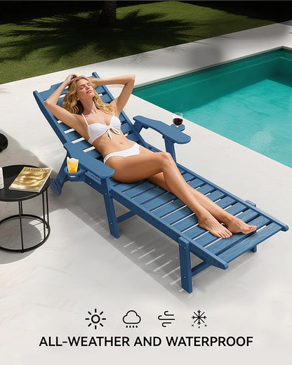 Carauci Lounge Chair Outdoor Set of 4, HDPE Chaise Lounge with Wheels, 5-Position Adjustable Backrest & 2 Cup Holders Patio Lounge Chair, All-Weather Pool Sun Lounger for Poolside, Backyard, Blue