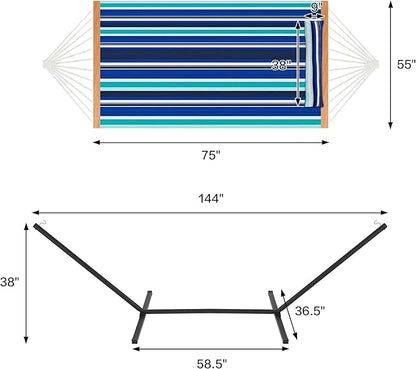 Two Person Hammock with Stand for Outside Heavy Duty, Outdoor Patio Hammock with Portable Steel Stand, Large Double Hammocks,480lbs Capacity.(Blue Stripes)