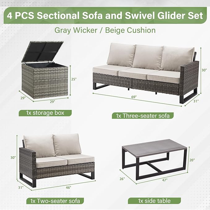 Belord 5-Seater Patio Conversation Set - 4 Piece Outdoor Sectional Furniture Set with Large Storage Box and Coffee Table Outdoor Patio Furniture Set for Garden Poolside Backyard Gray