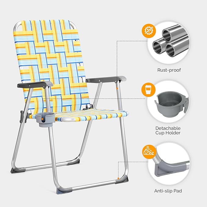 Patio Dining Chairs Set of 2 Folding Aluminum Yellow with Cup Holder