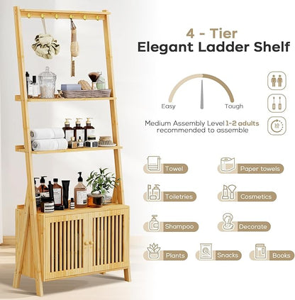 Bookcase with Drawers, 4-Tier Bamboo Bookshelf Ladder Shelf with 6 Hooks, Tall Narrow Book Shelf, 24.8"L x 10.6"W x 59.5"H, Standing Storage Organizer for Living Room, Home Office, Bedroom, Bathroom