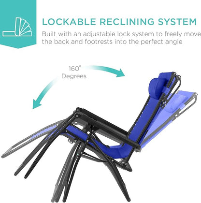 Best Choice Products 30” Wide Folding Zero Gravity Outdoor Recliner Patio Lounge Chair w/Adjustable Canopy Shade, Headrest, Side Accessory Tray - Cobalt Blue