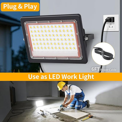 60W LED Flood Light Outdoor with 6ft Plug, 7200LM Brighter Exterior Security Lights, 5000K Daylight Floodlights, IP66 Waterproof for Yard, Garage, Workshop, Lawn, 2 Pack
