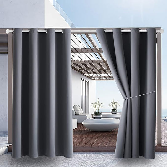 Outdoor Indoor Curtains W52 x L63 for Patio - Weather-resistant Window Panels Privacy Protect Grommet Top Thermal Insulated Home Curtain for Porch Pergola Lawn Garden Hot Tub Area (Gray, 2 Panels)
