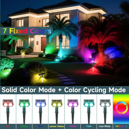 RGB Solar Spot Lights : 2 IN 1 Solar Lights Outdoor with 8 Lighting Modes & PC Light Guide Column for Tree Garden Yard Pathway | RGB Color Changing Landscape Lights | IP65 Waterproof | 6 Pack