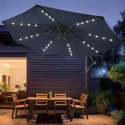 wikiwiki 10ft Solar LED Patio Umbrella with Base Included, Offset Umbrella with Weighted Sandbag Base, Cantilever Patio Umbrella for Backyard, Garden & Deck, 32 LED Lights & Polyester Shade, Navy Blue