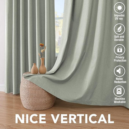 H.VERSAILTEX Linen Blackout Curtains 54 Inches Long 100% Absolutely Blackout Thermal Insulated Textured Linen Look Curtain Draperies Anti-Rust Grommet, Energy Saving with White Liner, 2 Panels, Sage