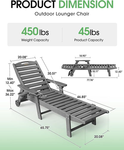 Lounge Chair Outdoor Set of 4 with Wheels, Adjustable 5-Position Chaise Lounge Outdoor, Patio Lounge Chair for Poolside Backyard, Grey