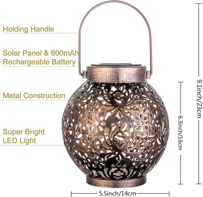 2 Pack Outdoor Solar Hanging Lantern Lights Metal LED Decorative Lamp for Garden Patio Courtyard Lawn and Table with Hollowed-Out Design (Bronze)