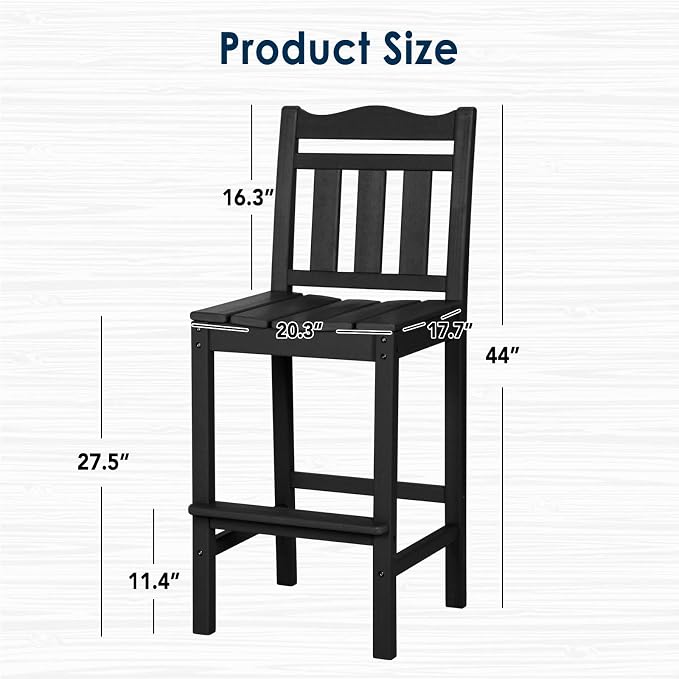 Bar Chairs Set of 2, Black Weather-Resistant HDPE, 44 Inch Bar Height