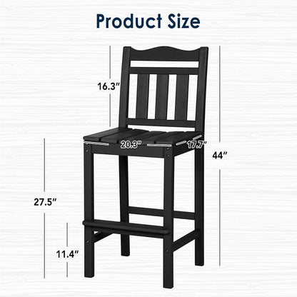 Bar Chairs Set of 2, Black Weather-Resistant HDPE, 44 Inch Bar Height