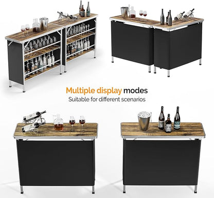 VINGLI 43" Portable Bar Table with Pole, 3-Tier Shelves, Mobile Bar Table for Events, Party, Camping, Picnic, Tradeshow, Indoor with Black Skirt