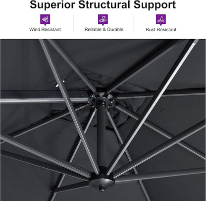 PURPLE LEAF 11 Feet Patio Umbrella Outdoor Cantilever Round Umbrella Aluminum Offset Umbrella with 360-degree Rotation for Garden Deck Pool Patio, Grey