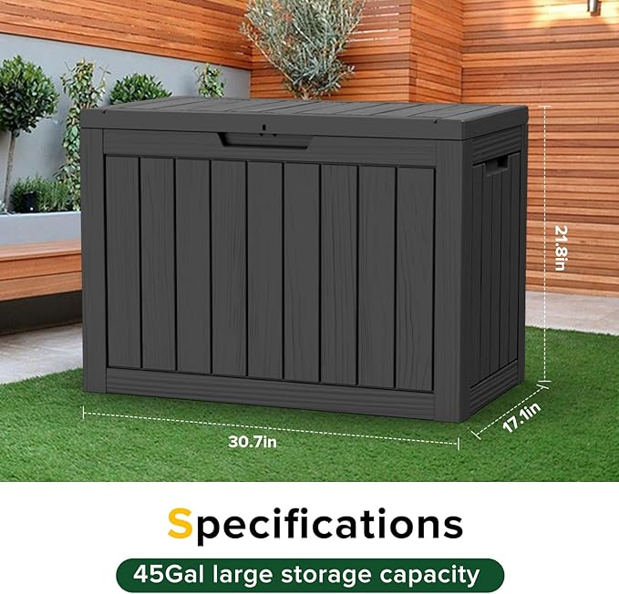 Outdoor Storage Box, 45 Gallon Resin Patio Deck Box with Lock, Black
