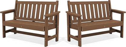 SERWALL Outdoor Bench, HDPE Outdoor Benches Weatherproof, 2-Person Garden Bench with 660 lbs Weight Capacity, Patio Benches for Outdoors, Garden, Porch, Backyard and Park, Brown, 2 Pack