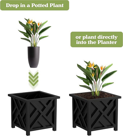 Lattice Design Outdoor Planter Box - 14.75” Square 13” Tall Black Plant Pot - Decorative Plant Pots for Front Porch Decor - Flower Pots Outdoor Planters for Porch Patio or Garden Decor by Pure Garden