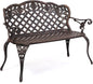 VINGLI 42.5" Patio Garden Bench Outdoor Metal Rose Loveseat, Cast Iron Cast Aluminium Frame Antique Finish Park Chair, Accommodates 2-3 People