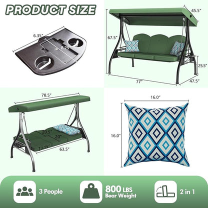 3 Seat Outdoor Porch Patio Swing with Stand 800lbs 2-in-1 Convertible Swing Bed with Adjustable Canopy & Removable Cushion for Yard Garden Deck (Green, Square Tube)