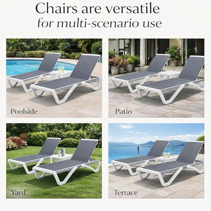 Kozyard Outdoor Chaise Lounge Chair, Full Flat Adjustable Patio Lounger with Aluminum Frame & Resin Legs, Textilene Fabric for Poolside, Backyard & Beach (Gray, Chair with Table)
