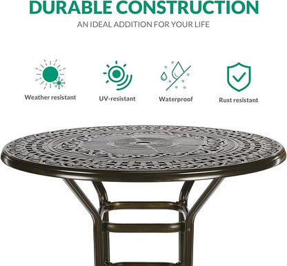 VIVIJASON 3-Piece Outdoor Swivel Bar Stools Set, All Weather Cast Aluminum Patio Bar Height Bistro Set with 2 Cushioned Bar Chairs & 38.5" High Bar Table w/Umbrella Hole for Backyard, Lawn, Garden