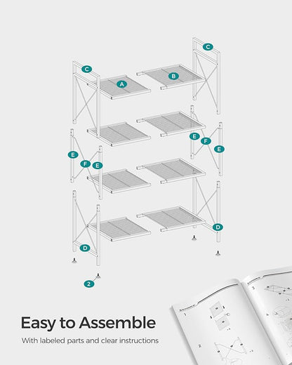 SONGMICS 4-Tier Metal Storage Rack, Shelving Unit with X Side Frames, Dense Mesh, 12.6 x 31.5 x 44.3 Inches, for Entryway, Kitchen, Living Room, Bathroom, Industrial Style, Ink Black UBSC184B01