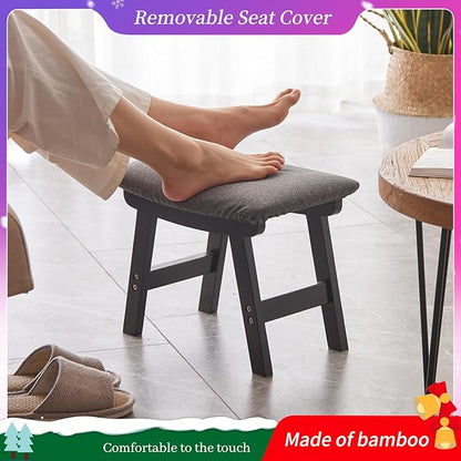 Foot Stool,Ottoman,Bamboo Small Sofa Foot Rest Under Desk,Extra Seating for Living Room, Bedroom and Kitchen (Black Stool Legs - Gray Surface)