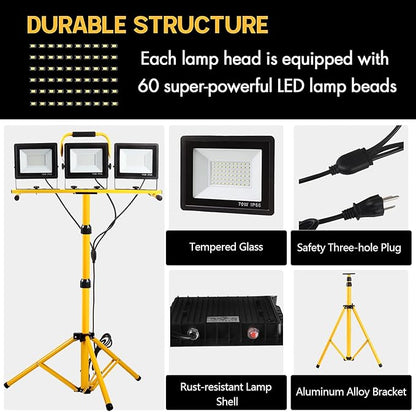 22000 Lumen Work Lights with Stand, 3 Head Portable LED Work Light, with Adjustable&Foldable Tripod Stand, IP66 Waterproof Lamp for Outdoor Indoor Job Site Workshop Garage Construction Site Lighting